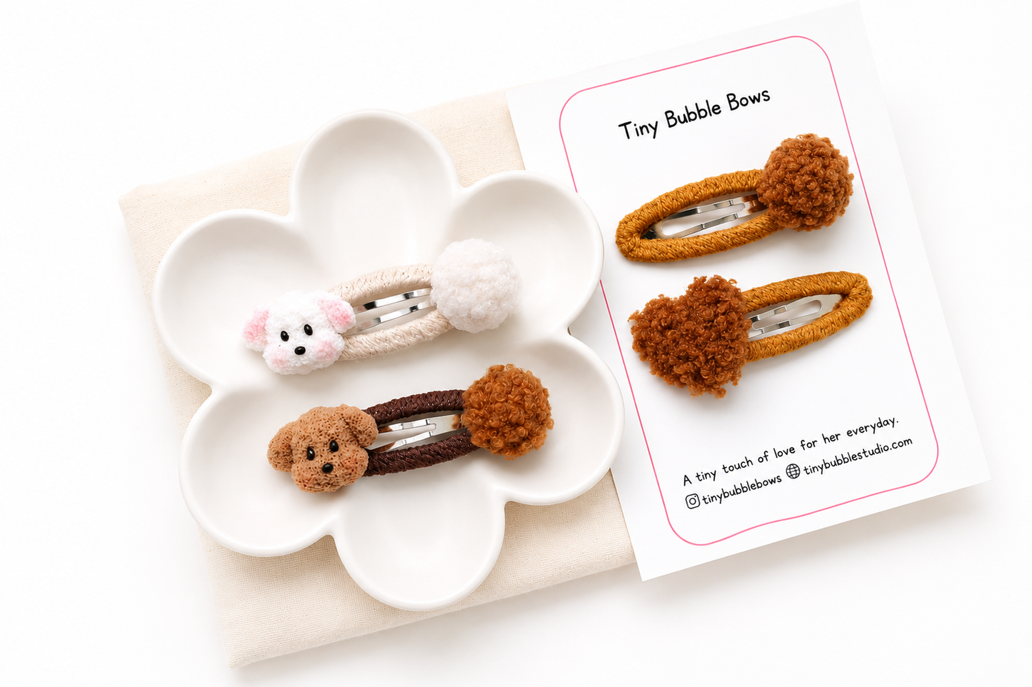 Puppy Pom Pom Snap Hair Clips for Baby & Girls